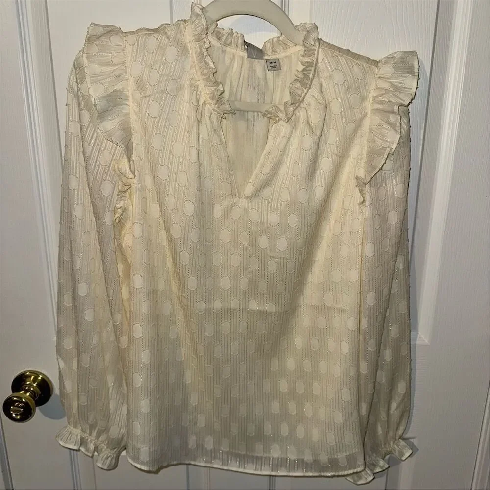 Joie Women's Ivory and Gold Ruffle Blouse M Long Balloon Sleeve Party Christmas - Picture 17 of 17